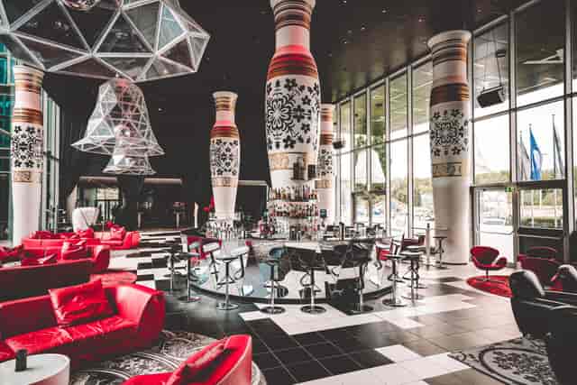 Bonn lobby event space, modern bar, geometric design, networking
