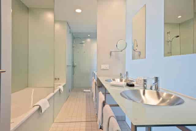 INNSiDE Munich suite bathroom, double vanity, luxury hotel suite, Munich hotel