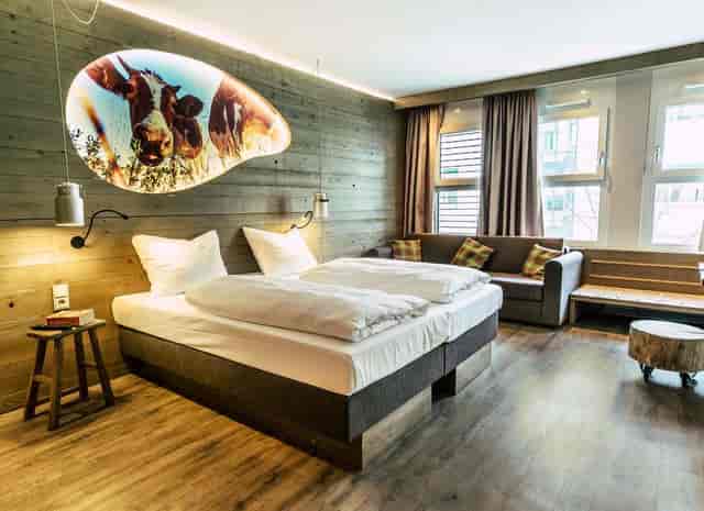 Rustic hotel room, cow art, event venue, themed party