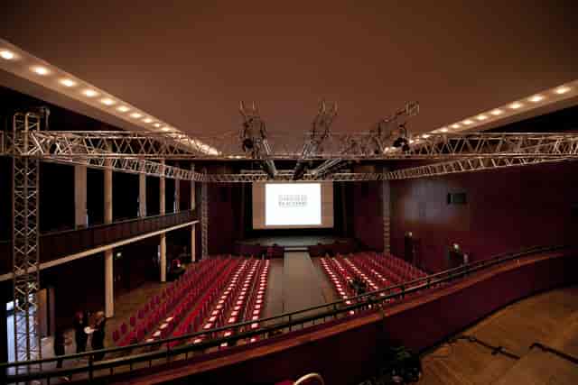 Alte Kongresshalle fashion show runway, tiered seating, event trussing