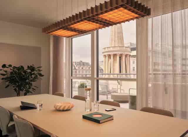 Chic boardroom, city view, executive meeting