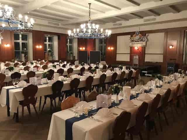 Maximiliansstüberl banquet room with wooden tables for formal dinners or corporate events.