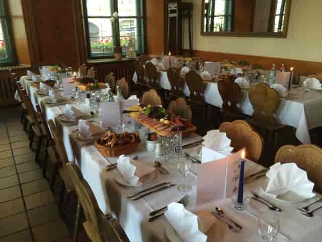 Bavarian banquet at Maximiliansstüberl with long wooden tables for group dinner event planning.