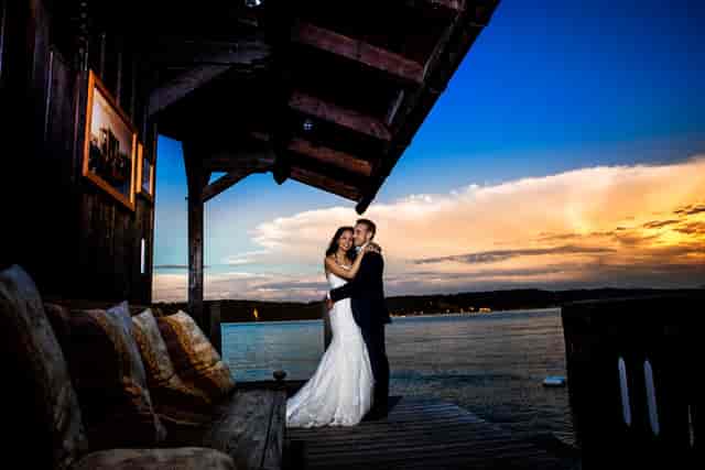 Golden hour at La Villa waterfront event venue for scenic corporate and wedding gatherings.