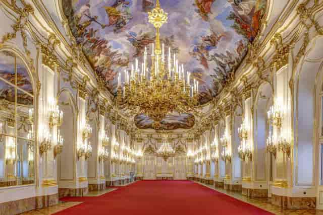 Great Gallery at Schönbrunn Palace with ornate frescoes, ideal for luxury galas and receptions.