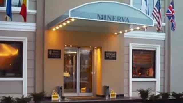 Hotel Minerva conference center entrance with international flags for corporate business meetings.