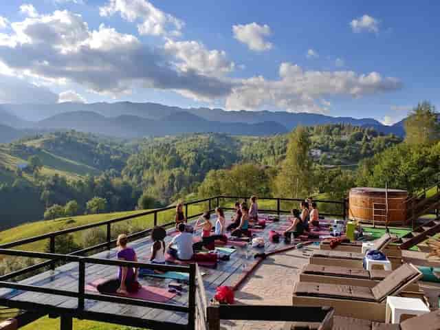 Bistro at Akasha Retreat: Wellness breakout session in a panoramic event venue.