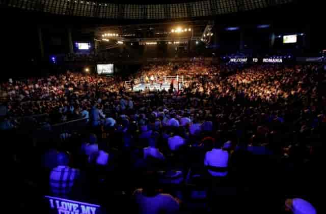 Boxing ring at Sala Titulescu, ROMEXPO, with tiered seating for sports events and exhibitions.