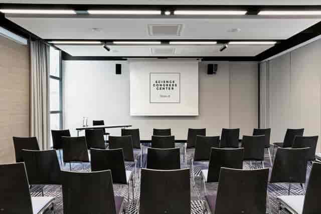 Modern AUDIMAX theater at Science Congress Center Munich for corporate presentations and seminars.
