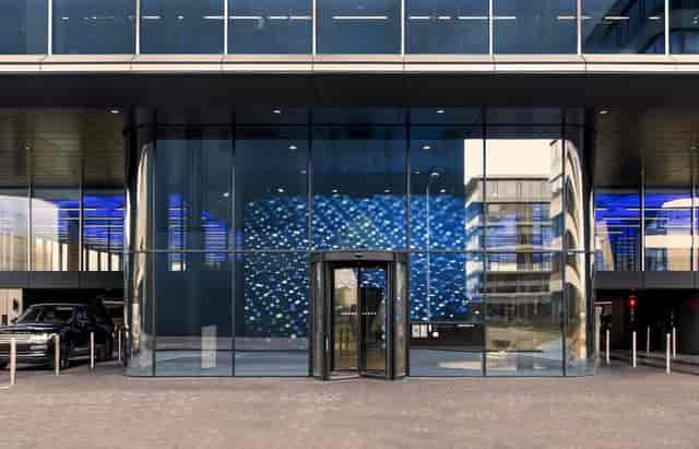Modern office lobby entrance at Flow Houthavens for corporate site visits and executive meetings.