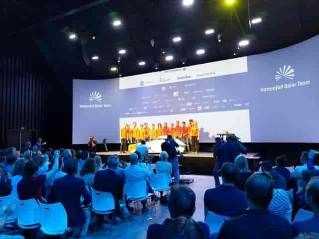 Corporate keynote event stage with curved LED screen at Circa Amsterdam for brand product launches.