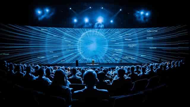Immersive curved LED backdrop for high-impact tech keynote and corporate event at Theater Amsterdam.