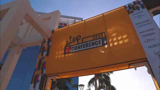 Branded outdoor entrance for Step Conference 2024 with high-visibility signage in Dubai.