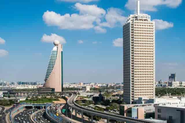 Dubai World Trade Centre open-air plaza with iconic skyline for business events and conferences.