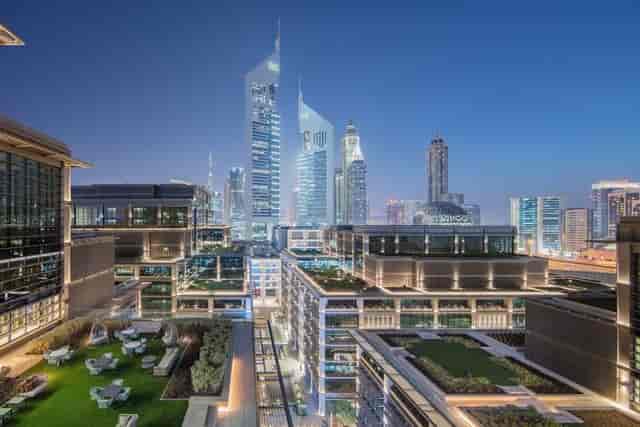 Dubai World Trade Centre rooftop plaza with skyline backdrop for corporate receptions and events.