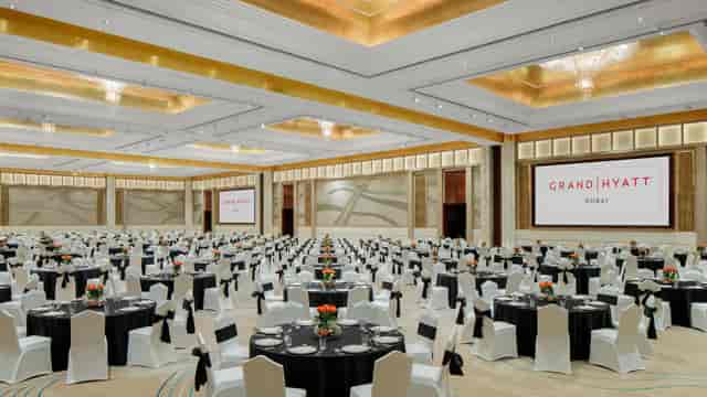 Grand Hyatt Dubai ballroom with banquet seating for large corporate galas and plenary events.