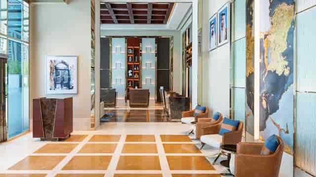 Luxury hotel lobby for corporate event planning and executive meetings in Dubai.