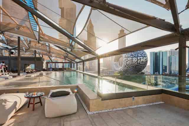 Monkey Bar rooftop lounge in Dubai with city views for corporate networking and incentive events.