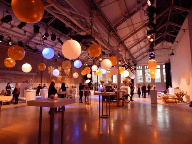 Intimate ijVENUES industrial event space with spherical lighting for evening receptions.