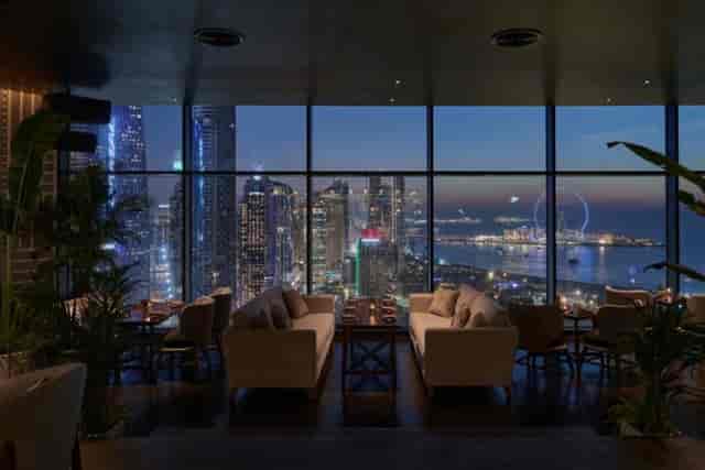 ATTIKO lounge at W Dubai with panoramic skyline views, ideal for executive networking and VIP events.