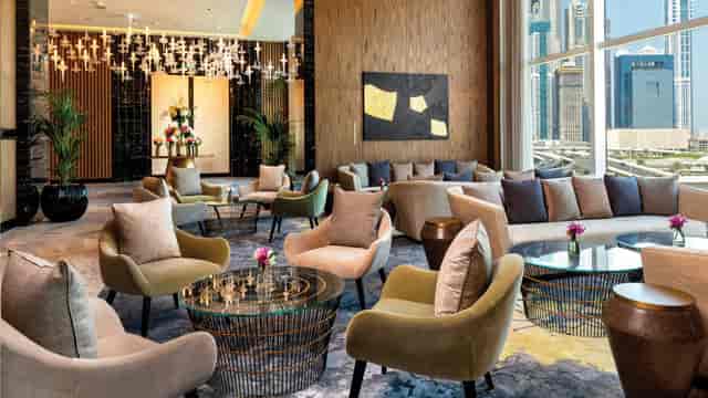Taj Jumeirah Lakes Towers ballroom with city views, ideal for executive meetings and networking.