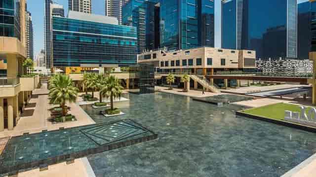 Modern outdoor venue at DoubleTree Dubai for corporate cocktail receptions and product launches.