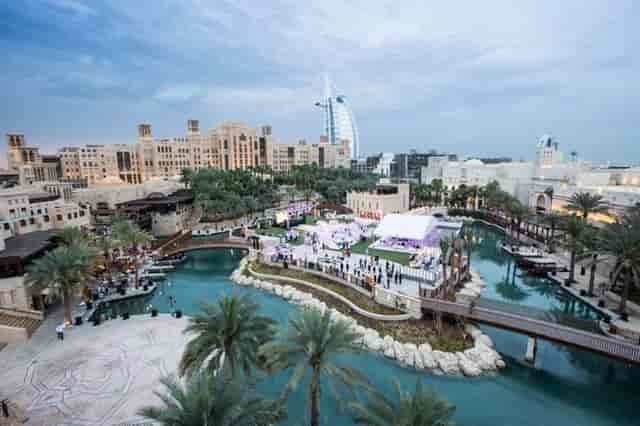 Fort Island, Madinat Jumeirah: Luxury outdoor gala venue with scenic waterways and architecture.