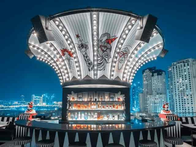 Rooftop restaurant in Ronin with focal bar for cocktail receptions and brand activations.