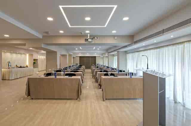 Vikos classroom at The Stanley Hotel, corporate workshop setup with catering station.