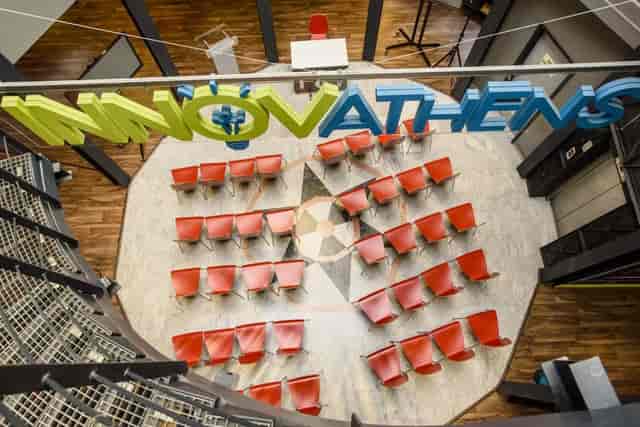 Innovathens hall stage setup for corporate events and theater conferences in Technopolis Athens.