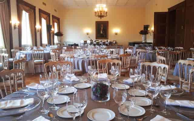 Banquet setup in Eugenides Foundation ballroom for corporate gala and upscale social event.