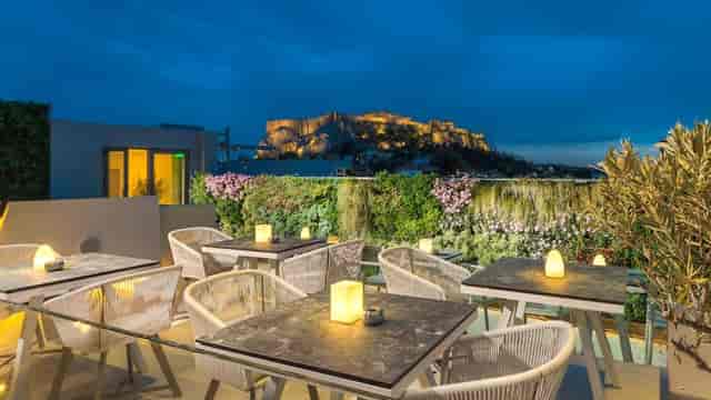 Rooftop venue in Athens with Acropolis view, perfect for corporate cocktail or networking events.