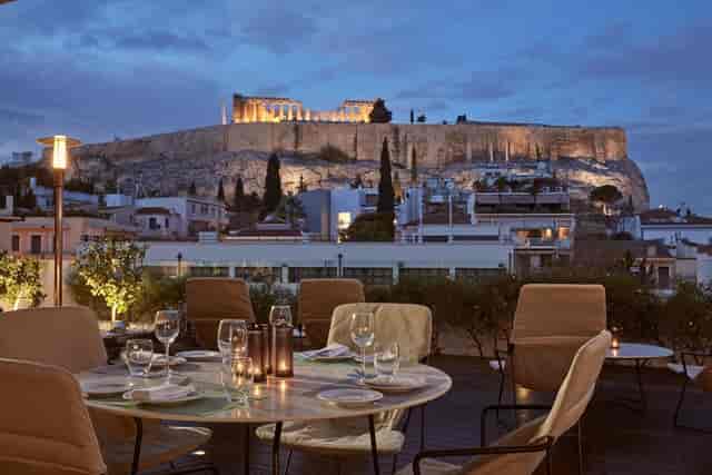 Plaka Hotel rooftop bar with iconic Acropolis view, ideal for VIP dinners and incentive events.