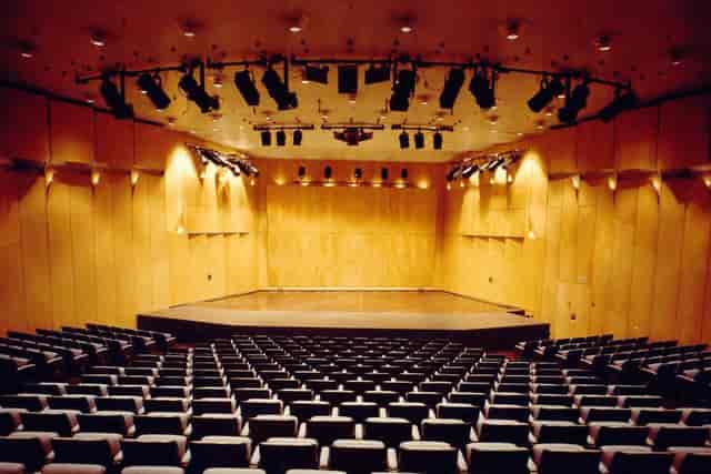 Dimitris Mitropoulos Hall, Athens: wood-paneled auditorium for corporate events and conferences.