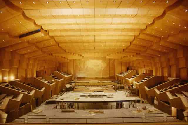 Alexandra Trianti Hall stage during AV production setup for concert venue event planning.