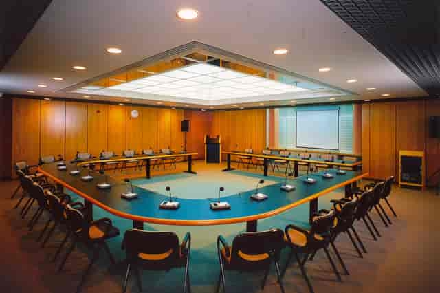 U-shape boardroom at DA 45 Event Venue with microphones, perfect for corporate meetings and events.