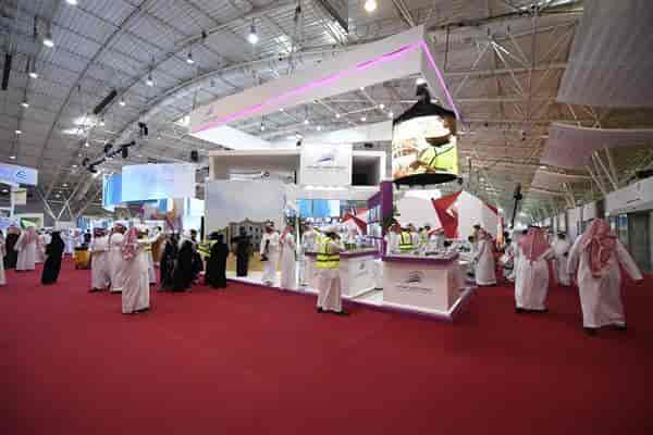 Riyadh exhibition hall with multi-level island stand for corporate events and business conferences.