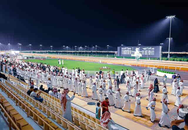 Grandstand at King Abdulaziz Racecourse: floodlit stadium seating for horse racing events.