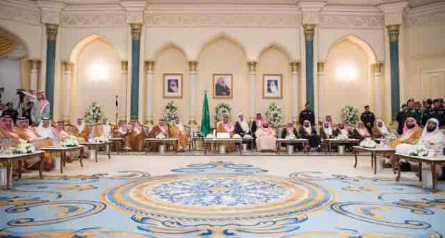 U-shaped diplomatic meeting at King Abdulaziz International Conference Center for formal summit.