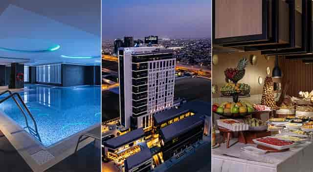 Luxurious meeting room with sleek indoor pool at Radisson Hotel Riyadh for events.