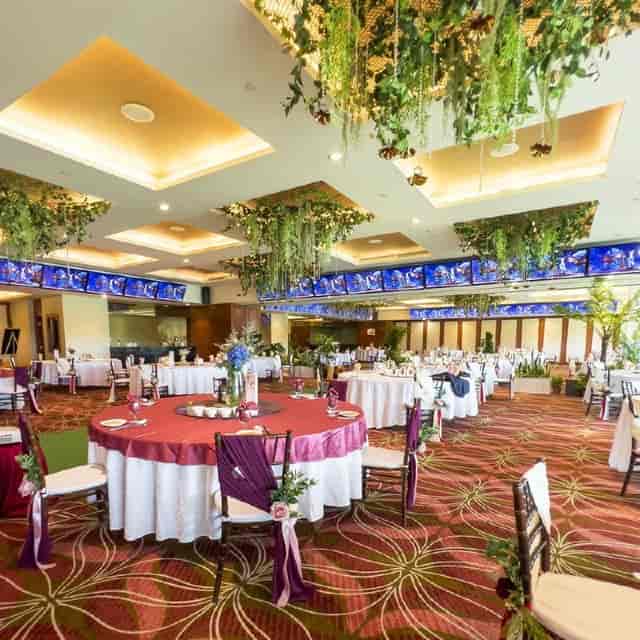 Singapore Turf Club banquet hall with biophilic ceiling for corporate events and gala dinners.
