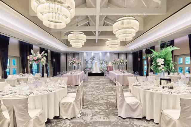 Oasia Resort Sentosa ballroom with chandelier lighting for premium wedding or upscale gala.
