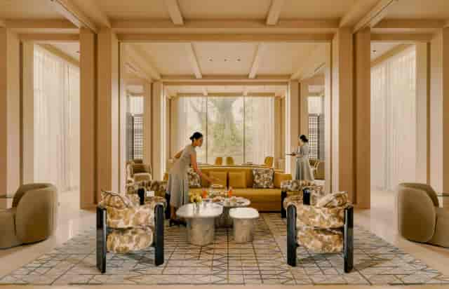 Luxury VIP meeting space at Raffles Sentosa with plush seating for exclusive corporate events.