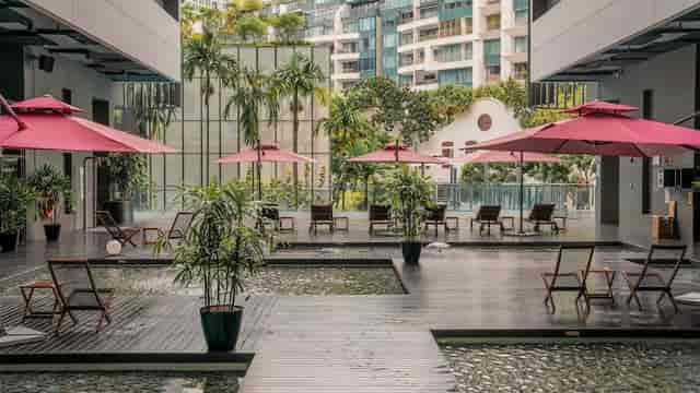 Modern hotel cabana for upscale cocktail receptions and corporate networking events.