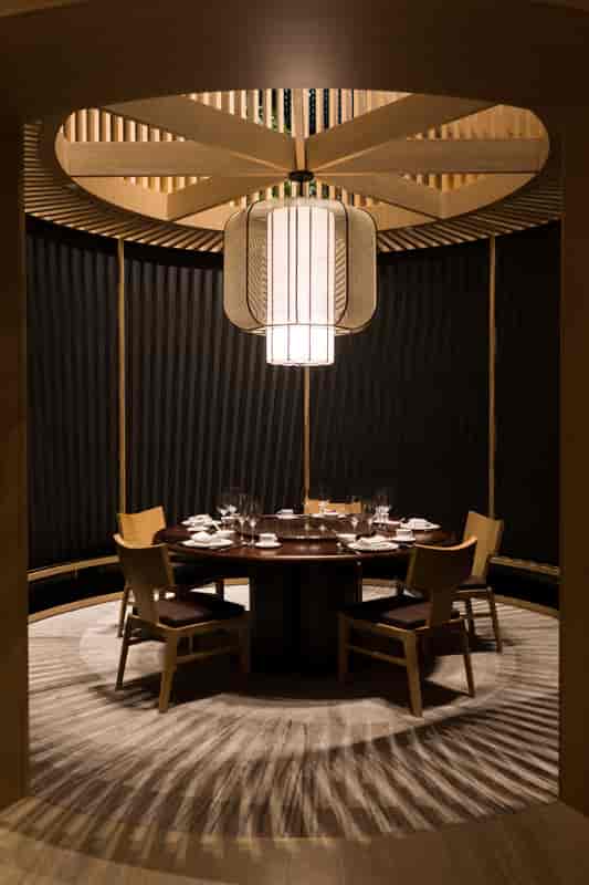 Private dining room with architectural light fixture for executive board meetings and VIP dinners.