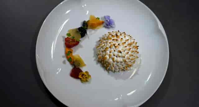 Torched meringue dessert for gala or executive dinner catering.