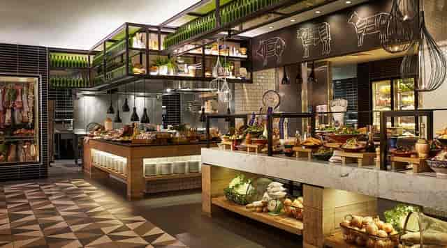 Bazaar Restaurant QT Queenstown buffet station for corporate events and luxury dining.
