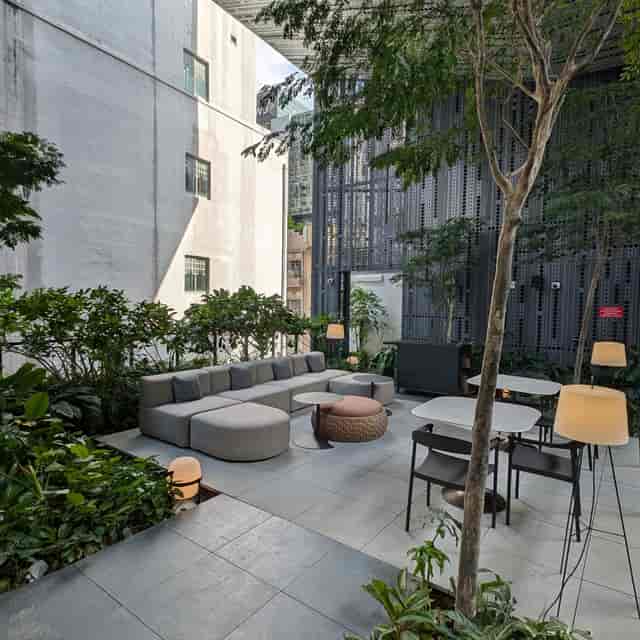 Garden Terrace at 21 Carpenter with modular seating for luxury networking and corporate events.