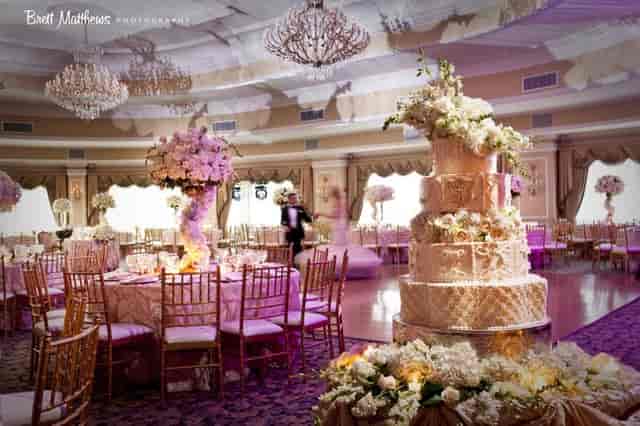 OHEKA CASTLE Terrace Room luxury ballroom with gold Chiavari chairs for wedding event design.