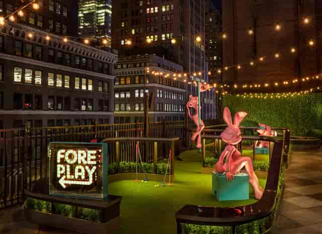 Magic Hour Rooftop with mini golf, ideal for corporate events and cocktail receptions.